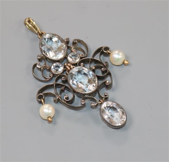 A late Victorian yellow and white metal, pale aquamarine and pearl set lozenge shaped drop pendant, overall 57mm.